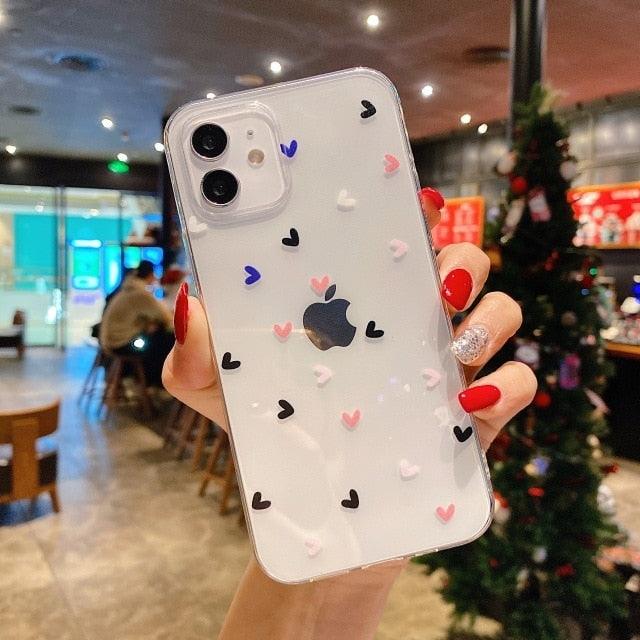 Transparent Phone Case For iPhone Pro Max 12 13 Mini Cute Love Heart Soft Transparent Shockproof Protective Phone Case Soft Silicone Slim Cover