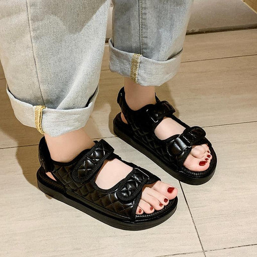 Trendy Black Sandals Summer New Flat Embroidery Thick-Soled Casual Design Hiking Sandals Outdoor Sport Sandals Athletic Sandals Walking Water Women Shoes For Summer