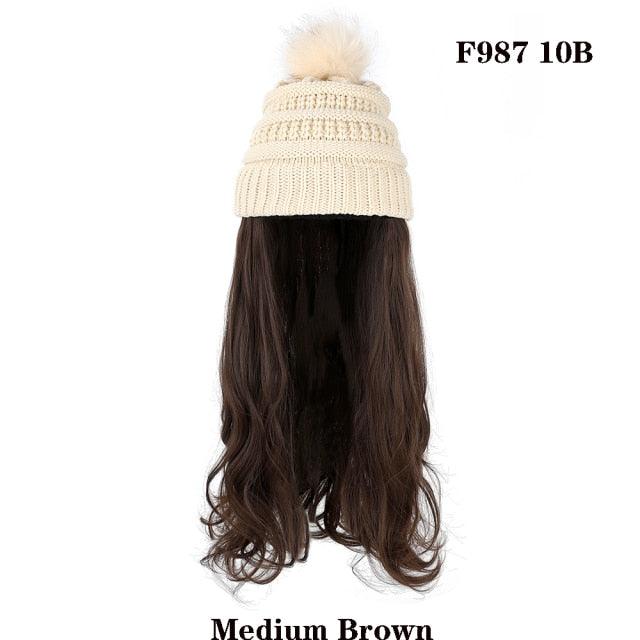 Trendy Hat Wig Synthetic Long Wavy Wigs with Beret Hat Knitted Fashion black Autumn Winter Cap Hair Extensions Wigs For Black Women Cosplay Wigs For Women