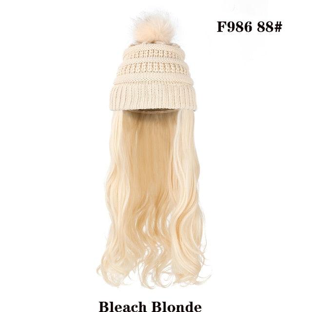 Trendy Hat Wig Synthetic Long Wavy Wigs with Beret Hat Knitted Fashion black Autumn Winter Cap Hair Extensions Wigs For Black Women Cosplay Wigs For Women