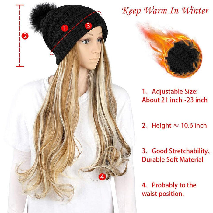 Trendy Hat Wig Synthetic Long Wavy Wigs with Beret Hat Knitted Fashion black Autumn Winter Cap Hair Extensions Wigs For Black Women Cosplay Wigs For Women