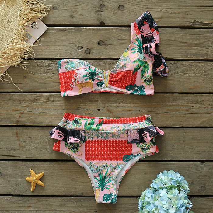 Two-Pieces Women Floral Push-Up Padded Bra Ruffles Bikini Set Swimsuit Swimwear Bathing Suit Beachwear Floral Printed Swimsuit Knotted String Triangle Bikini Tie Side High Cut Cheeky Bikini Set