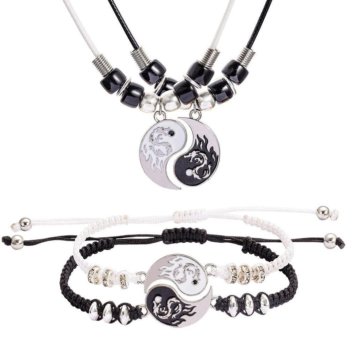 Unique Paired Bracelet Dragon Print Pendants Necklace For Couples White Black Friendship Necklaces Alloy Pendant Adjustable Braid Chain Bracelet Necklace Matching Bracelets