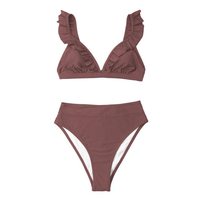 V-neck Ruffled High-waist Bikini Sets Swimsuit Womens Ruffle Flounce Triangle Bathing Suits Cute Two Piece Swimsuits Women Solid Brown Two Pieces Swimwear New Beach Bathing Suits