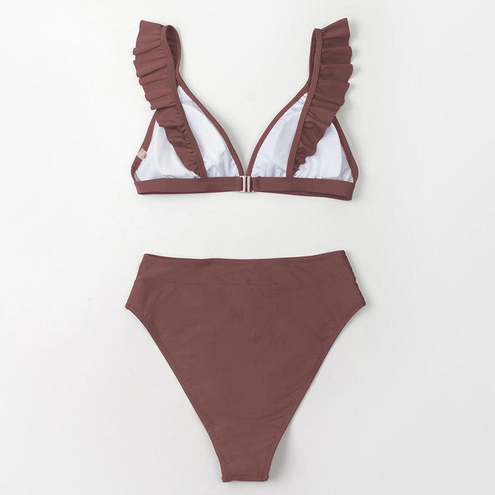 V-neck Ruffled High-waist Bikini Sets Swimsuit Womens Ruffle Flounce Triangle Bathing Suits Cute Two Piece Swimsuits Women Solid Brown Two Pieces Swimwear New Beach Bathing Suits