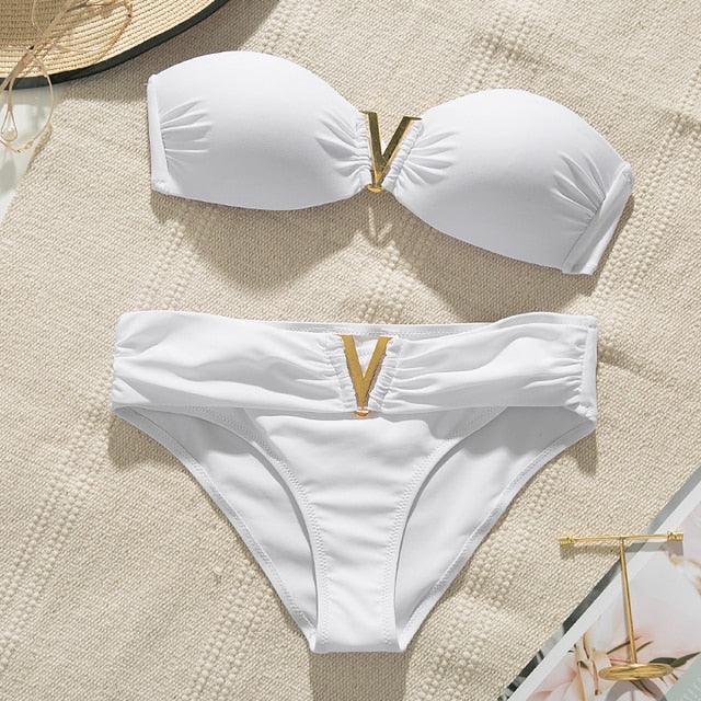 White Push Up Woman Swimsuit Bikini Set Two Piece Smocked Swimsuits Ruffle Off Shoulder Bathing Suit With High Waist Bottoms New Summer Beach Bikini Set Solid Swimming Suit For Women Swimwear Bathing Suit