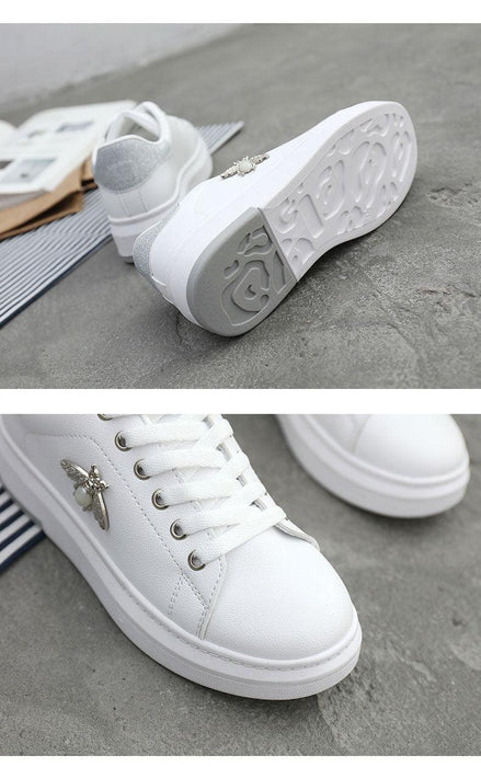 White Women Sneakers Platform Fashion Rhinestone Sneakers Lace Up Casual Shoes Breathable Comfortable Women's Casual Flats Elegant High Quality Sport Women Sneakers