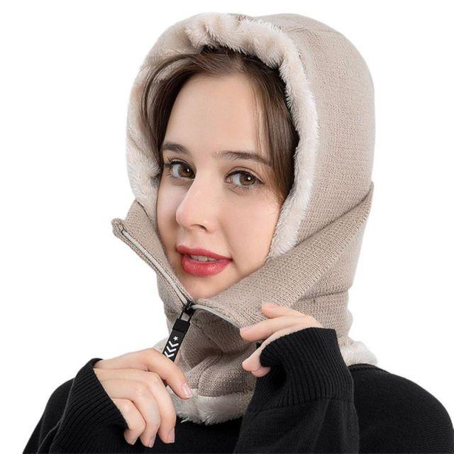 Winter Women 3 in 1 Knitted Ski Hat With Scarf Neck Warmer Fleece Lined Hood Face Mask Adult Balaclava For Outdoor Sports Balaclava Wind-Resistant Winter Face Mask Fleece Ski Mask for Men and Women Warm Face Cover Hat Cap Scarf