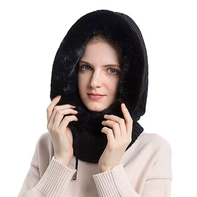 Winter Women 3 in 1 Knitted Ski Hat With Scarf Neck Warmer Fleece Lined Hood Face Mask Adult Balaclava For Outdoor Sports Balaclava Wind-Resistant Winter Face Mask Fleece Ski Mask for Men and Women Warm Face Cover Hat Cap Scarf