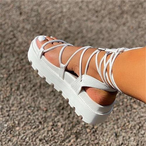 Woman Platform Sandal Ankle Wrap Fashion Lace Up Shoe Women's Casual Strappy Sandal Modern Lace Up Shoe Women Non Slip Women's Footwear White Walking Sandal