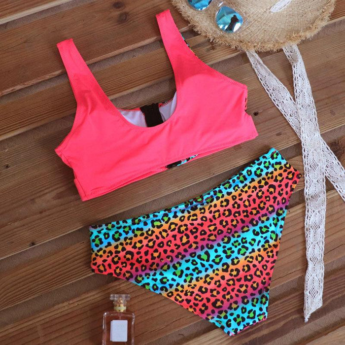 Women Bikini Set Leopard Swimwear Women High Waist String Floral Printed 2 Piece Bathing Suits Women Patchwork Swimsuits Push Up Printed Bikinis Buckle Front Beach Wear