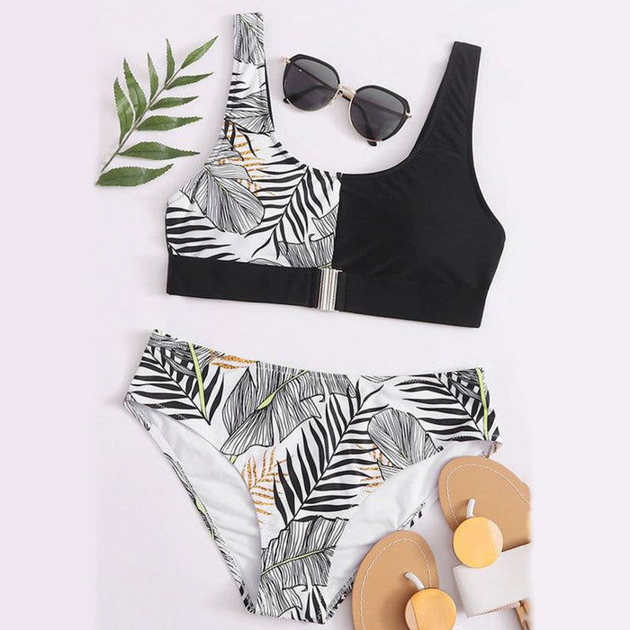 Women Bikini Set Leopard Swimwear Women High Waist String Floral Printed 2 Piece Bathing Suits Women Patchwork Swimsuits Push Up Printed Bikinis Buckle Front Beach Wear