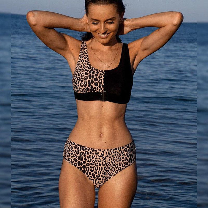 Women Bikini Set Leopard Swimwear Women High Waist String Floral Printed 2 Piece Bathing Suits Women Patchwork Swimsuits Push Up Printed Bikinis Buckle Front Beach Wear