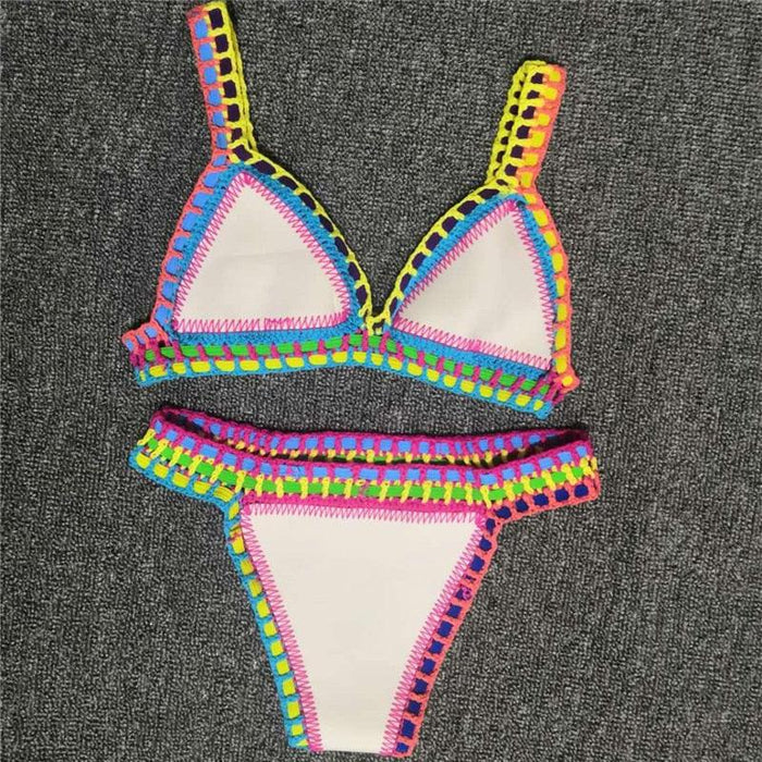 Women Bikini Set Swimwear Beachwear  Low Waist Handmade Knit Swimsuit Female Bathing Suit Swimming Suit Women's Halter Sliding Triangle Bikini Sets Charming Tie Side Bathing Suit