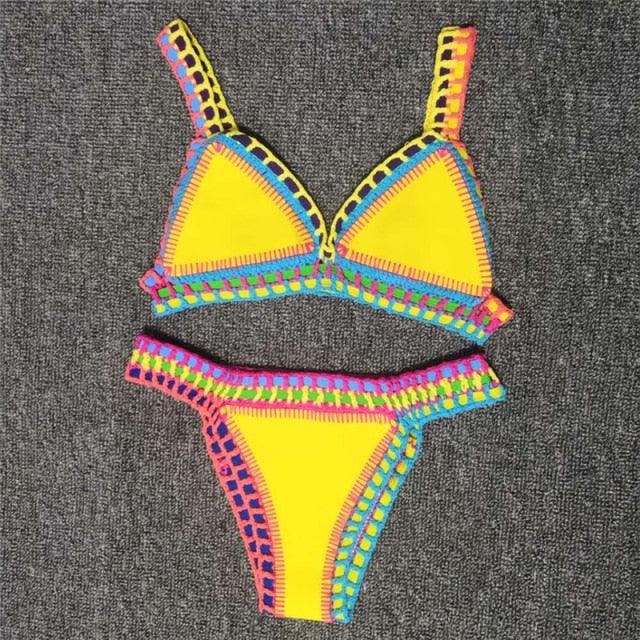 Women Bikini Set Swimwear Beachwear  Low Waist Handmade Knit Swimsuit Female Bathing Suit Swimming Suit Women's Halter Sliding Triangle Bikini Sets Charming Tie Side Bathing Suit