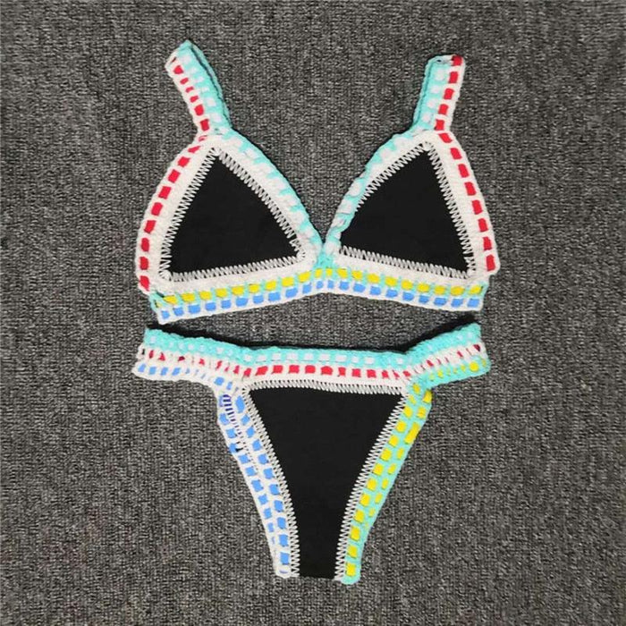 Women Bikini Set Swimwear Beachwear  Low Waist Handmade Knit Swimsuit Female Bathing Suit Swimming Suit Women's Halter Sliding Triangle Bikini Sets Charming Tie Side Bathing Suit