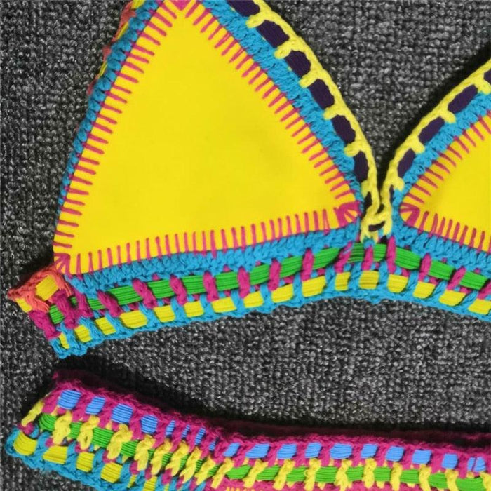 Women Bikini Set Swimwear Beachwear  Low Waist Handmade Knit Swimsuit Female Bathing Suit Swimming Suit Women's Halter Sliding Triangle Bikini Sets Charming Tie Side Bathing Suit