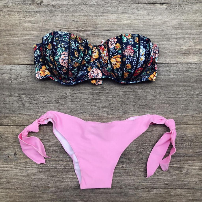 Women Bikini Swimsuit Bandage Floral Print Swimwear Split Bathing Suit Swimsuit Women Two 2 Piece Split Swimsuit  Bandage  Bikini Sets Halter Tops Bottoms Strapless Swimwear