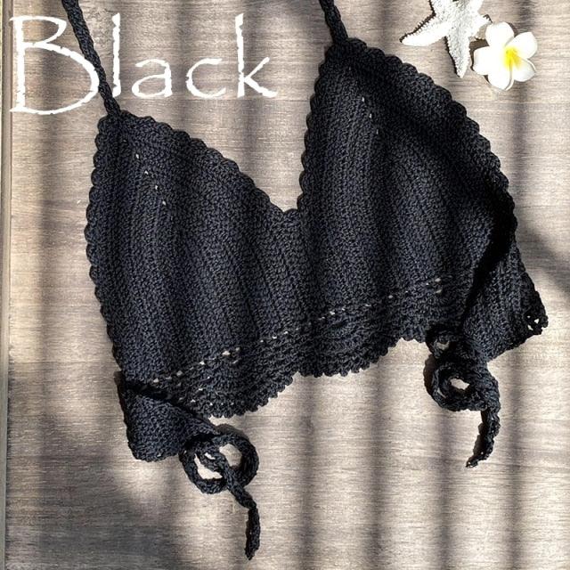 Women Bikinis Knitted Cotton Swimsuit Women Swimwear Women Bra And Bottom Black Knitted Bikini Top Summer Beach Breast Wrap Handmade Crop Top And Bottom Summer Bathing Suit Fashion Beachwear