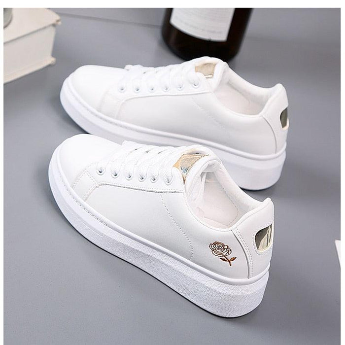 Women Casual New Spring Sneakers Fashion Embroidered White Sneakers Breathable Flower Lace-Up Leather Casual Sports Flat Low Top Sneaker