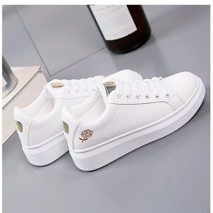 Women Casual New Spring Sneakers Fashion Embroidered White Sneakers Breathable Flower Lace-Up Leather Casual Sports Flat Low Top Sneaker