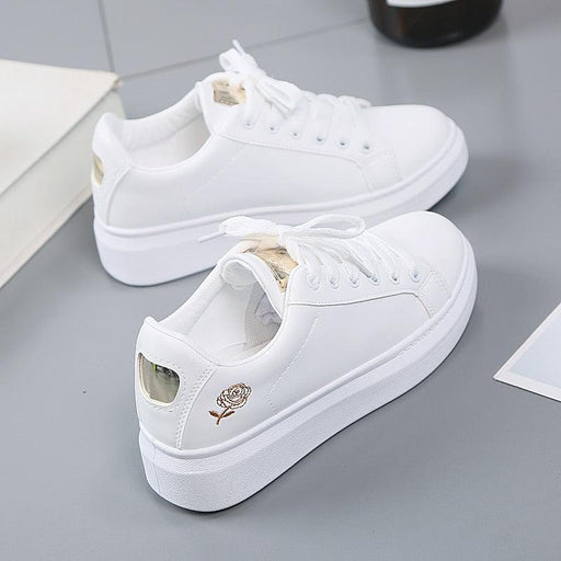 Women Casual New Spring Sneakers Fashion Embroidered White Sneakers Breathable Flower Lace-Up Leather Casual Sports Flat Low Top Sneaker