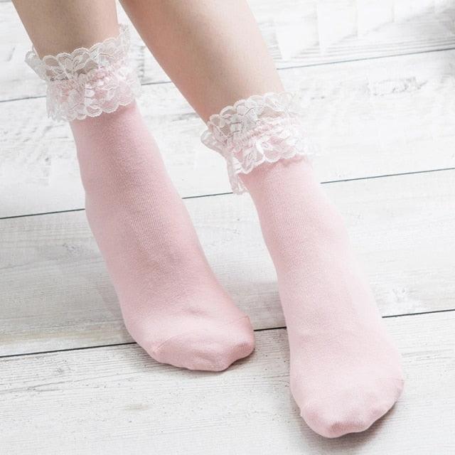 Women Lace Mesh Black White Cotton Socks Japanese Maiden Lovely Short Socks Frilly Ruffle Princess Socks For Women