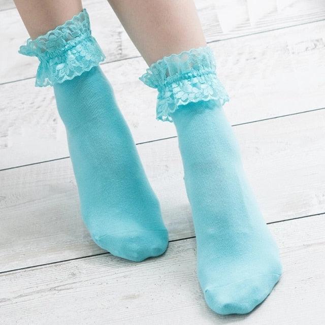 Women Lace Mesh Black White Cotton Socks Japanese Maiden Lovely Short Socks Frilly Ruffle Princess Socks For Women