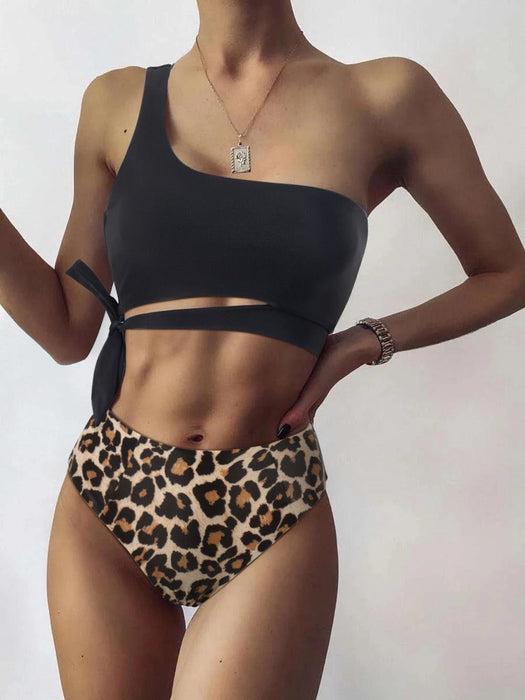 Women Leopard Print Swimsuit Women's Bikini One Shoulder Top High Waist Bottom Two Piece Swimsuits Women Push Up Bikini Set One Shoulder Beachwear Summer Leopard Bathing Suit High Waist Swimwear For Women