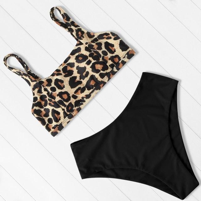 Women Leopard Print Swimsuit Women's Bikini One Shoulder Top High Waist Bottom Two Piece Swimsuits Women Push Up Bikini Set One Shoulder Beachwear Summer Leopard Bathing Suit High Waist Swimwear For Women