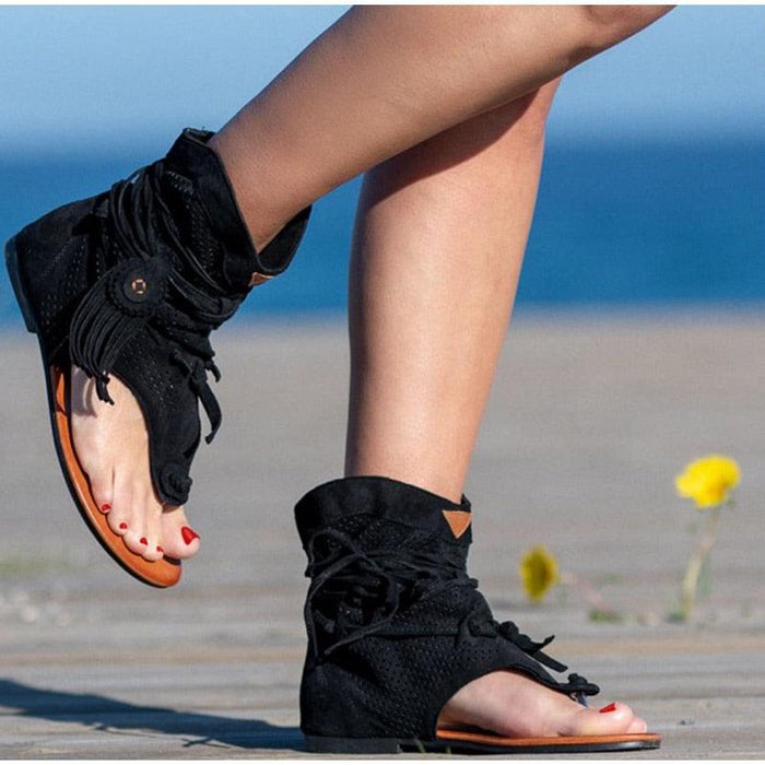 Women's Sandals Retro Ladies Flip Flops Clip Toe Vintage Black Boots Casual Fashion Summer Woman Clip Toe Vintage Boots Casual Tassel Rome Fashion Summer Comfortable Woman Shoes