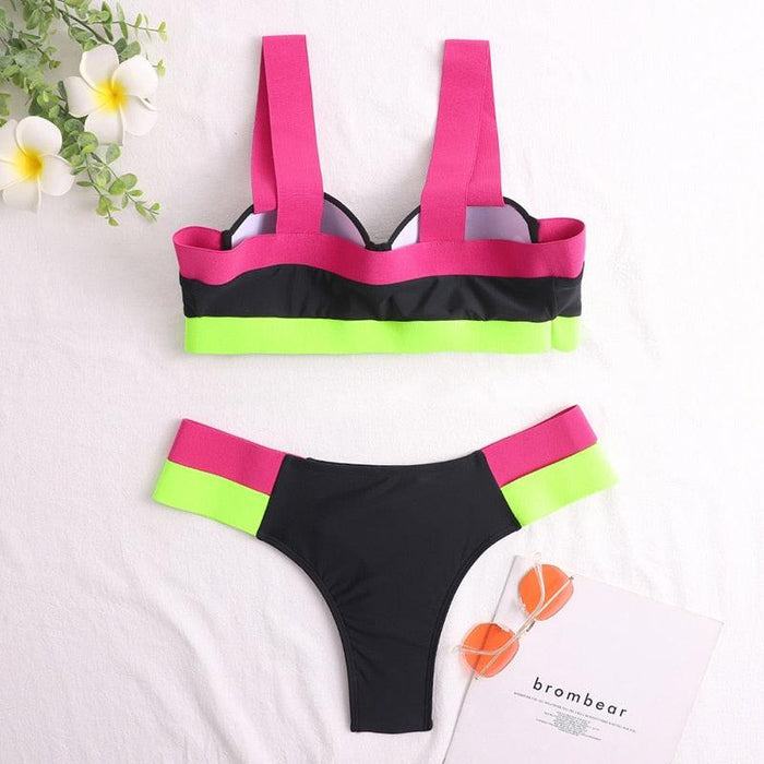 Women's Swimsuits Swimwear Patchwork Bikini Woman Push up Bikinis Swimsuit Bathing Suits Women Rave Neon Patchwork Bikini Swimsuit 2 Piece Cutout Molded Push Up Bathing Suit