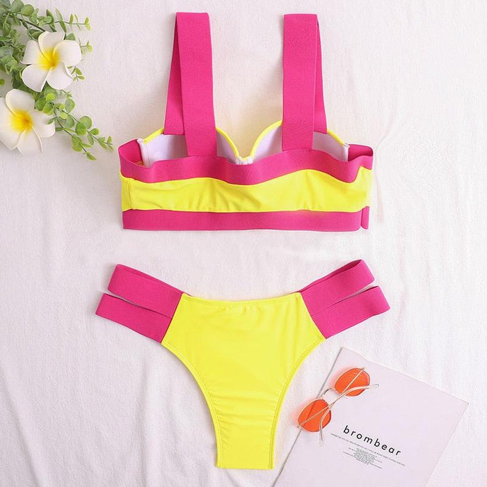 Women's Swimsuits Swimwear Patchwork Bikini Woman Push up Bikinis Swimsuit Bathing Suits Women Rave Neon Patchwork Bikini Swimsuit 2 Piece Cutout Molded Push Up Bathing Suit