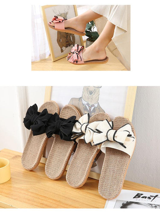 Women Summer Casual Slides Comfortable Flax Slippers Striped Bow Linen Flip Flops Platform Sandals Summer Indoor Slippers Linen Women's Slippers Flower Slippers