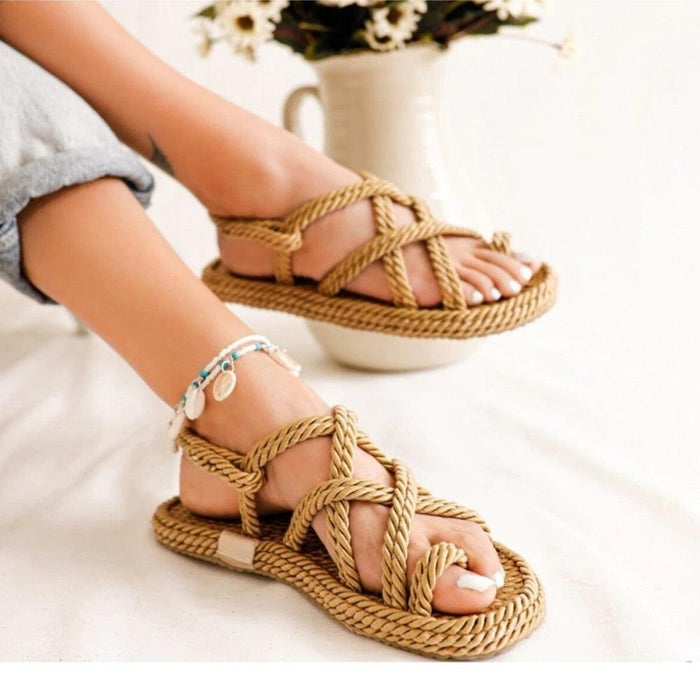 Women Summer Straw Rope Mesh Sandals Cross Tied Flat Sea Beach Casual Light Multi Elegant Design Flip Flop Trend Fashion High Quality Handmade Natural Comfortable Walking Sandals With Arch Support For Women