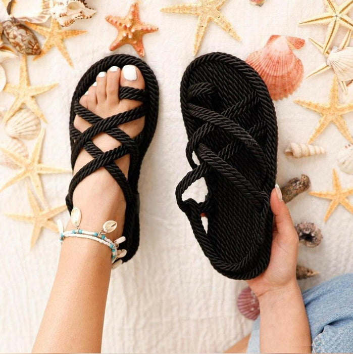 Women Summer Straw Rope Mesh Sandals Cross Tied Flat Sea Beach Casual Light Multi Elegant Design Flip Flop Trend Fashion High Quality Handmade Natural Comfortable Walking Sandals With Arch Support For Women