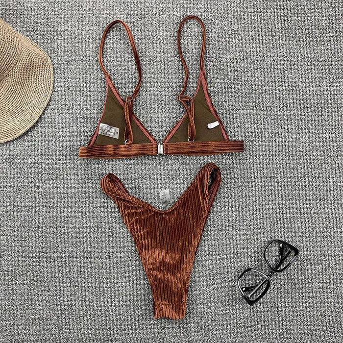 Women Swimsuit Triangle Micro Bikini Set Solid Swimwear Women's Swimsuit Halter Ribbed String Bathing Suit Bikini Set High Cut Swimming Bathing Suit Beachwear