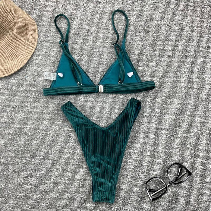 Women Swimsuit Triangle Micro Bikini Set Solid Swimwear Women's Swimsuit Halter Ribbed String Bathing Suit Bikini Set High Cut Swimming Bathing Suit Beachwear