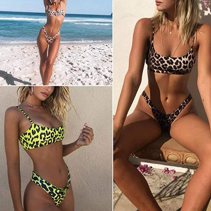 Women Wear Bikini Female Swimwear Beach Bikini Leopard Beachwear Set Women's Square Neck Wide Strap Swimsuit Cheeky Bikini Set High Waist 2 Piece Bathing Suit Bathing Suit Snakeskin Push Up Swimsuit