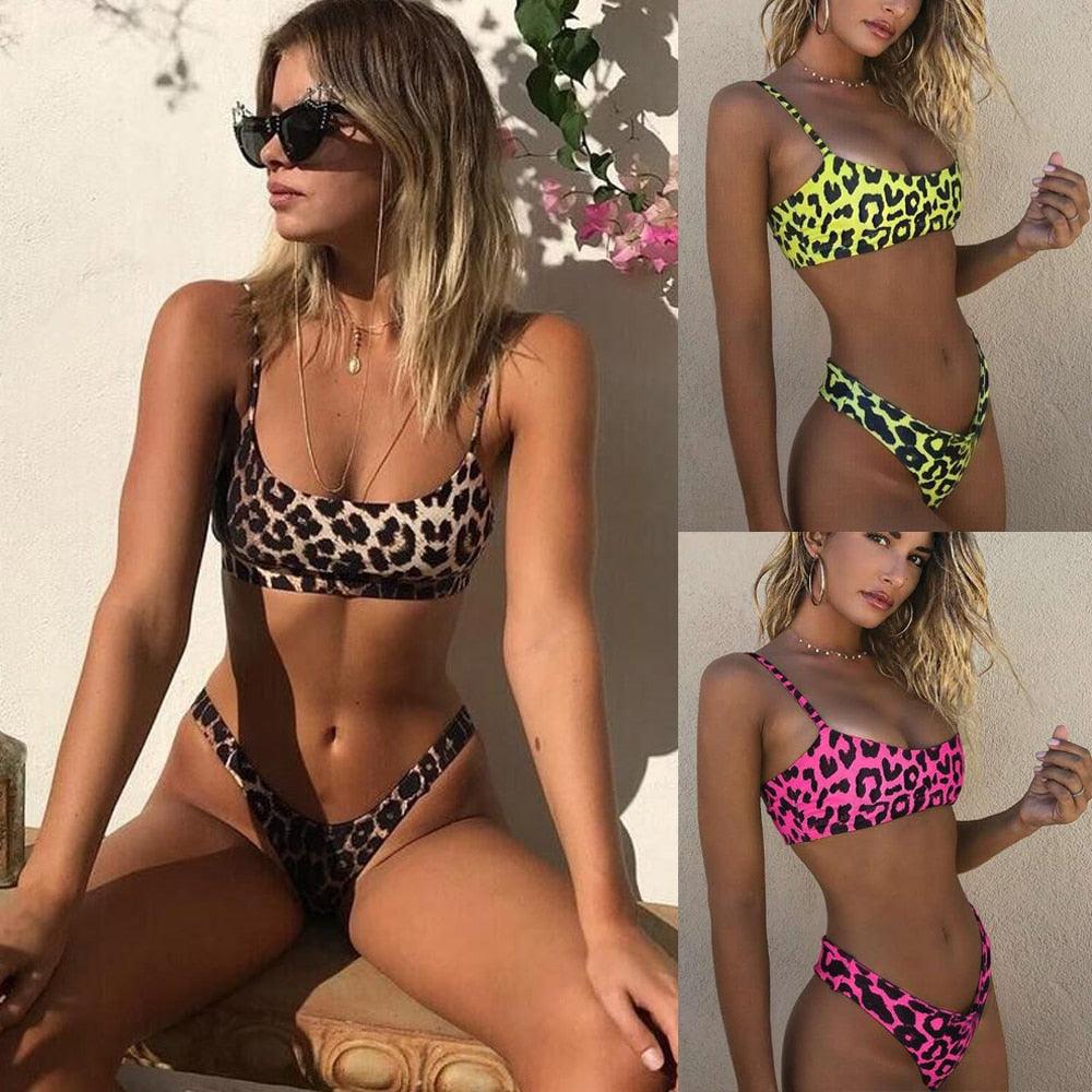 Women Wear Bikini Female Swimwear Beach Bikini Leopard Beachwear Set Women's Square Neck Wide Strap Swimsuit Cheeky Bikini Set High Waist 2 Piece Bathing Suit Bathing Suit Snakeskin Push Up Swimsuit