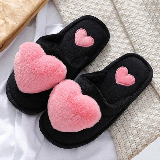 Women Winter Heart Shoes Woman Slides Plush Home Slippers Indoor House Shoes Winter Warm Fur Slippers With Embroidered Heart Details Soft And Warm House Slippers With Cushioned Insole