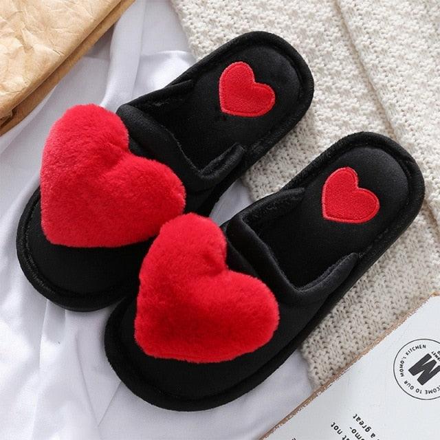 Women Winter Heart Shoes Woman Slides Plush Home Slippers Indoor House Shoes Winter Warm Fur Slippers With Embroidered Heart Details Soft And Warm House Slippers With Cushioned Insole