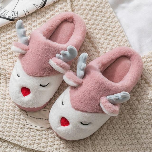 Women Winter Home Slippers Deer Elk Non-Slip Soft Warm House Shoes Men Indoor Bedroom Elk Slippers Warm Animal Slippers Winter Fleece Plush Home Slippers With Non-Skid Rubber Sole