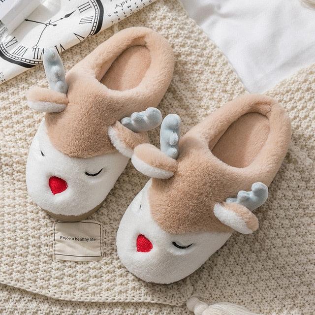 Women Winter Home Slippers Deer Elk Non-Slip Soft Warm House Shoes Men Indoor Bedroom Elk Slippers Warm Animal Slippers Winter Fleece Plush Home Slippers With Non-Skid Rubber Sole