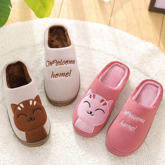 Women Winter Warm Home Slippers Couple Shoes Plush Cat Animal Slip On Soft Indoor Flats Comfort Cozy Memory Foam Scuff Slippers Slip On Warm House Shoes