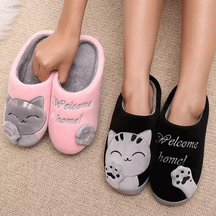 Women Winter Warm Home Slippers Couple Shoes Plush Cat Animal Slip On Soft Indoor Flats Comfort Cozy Memory Foam Scuff Slippers Slip On Warm House Shoes