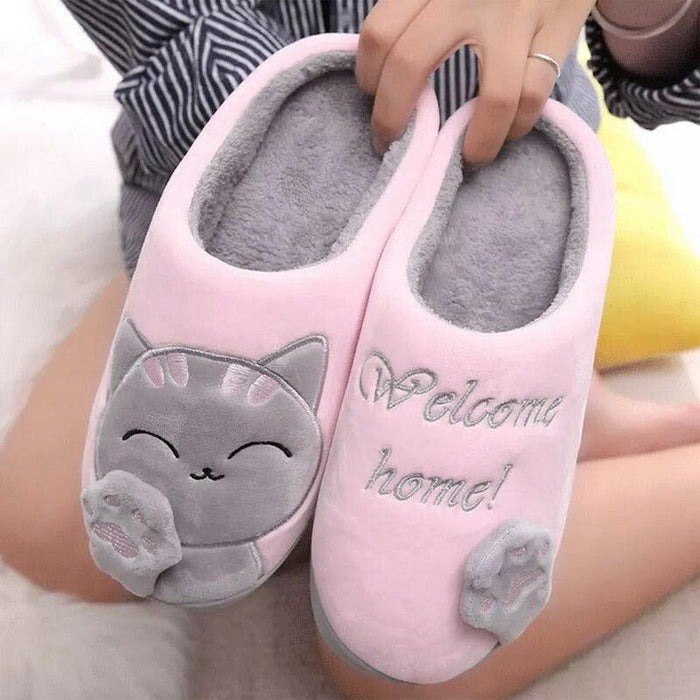 Women Winter Warm Home Slippers Couple Shoes Plush Cat Animal Slip On Soft Indoor Flats Comfort Cozy Memory Foam Scuff Slippers Slip On Warm House Shoes