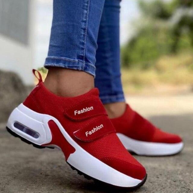 Womens Red Sneakers Air Cushion Shoes Woman Mesh Sneakers Breathable Flats Womens Casual Air Cushion Sneakers Lightweight Non Slip Sport Jogging Gym Fitness Workout Tennis Walking Espadrilles